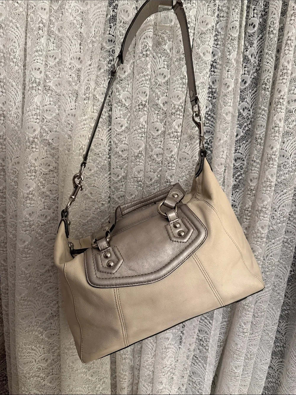 Coach Cream and Silver Ashley Leather Satchel Bag - Women's Handbag